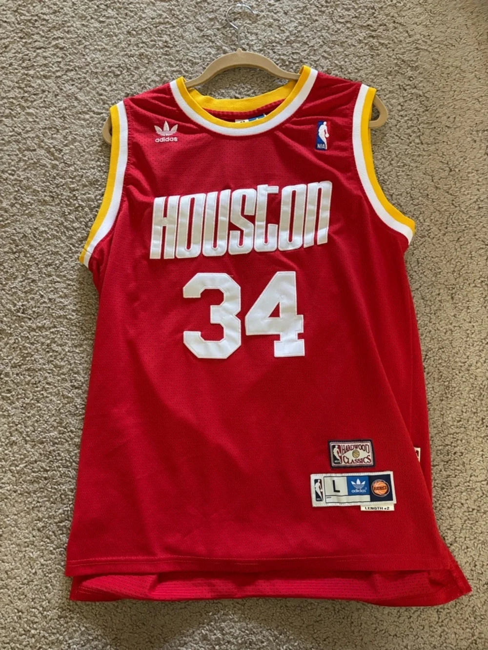 adidas Red Houston #34 Basketball Jersey with Yellow Trim